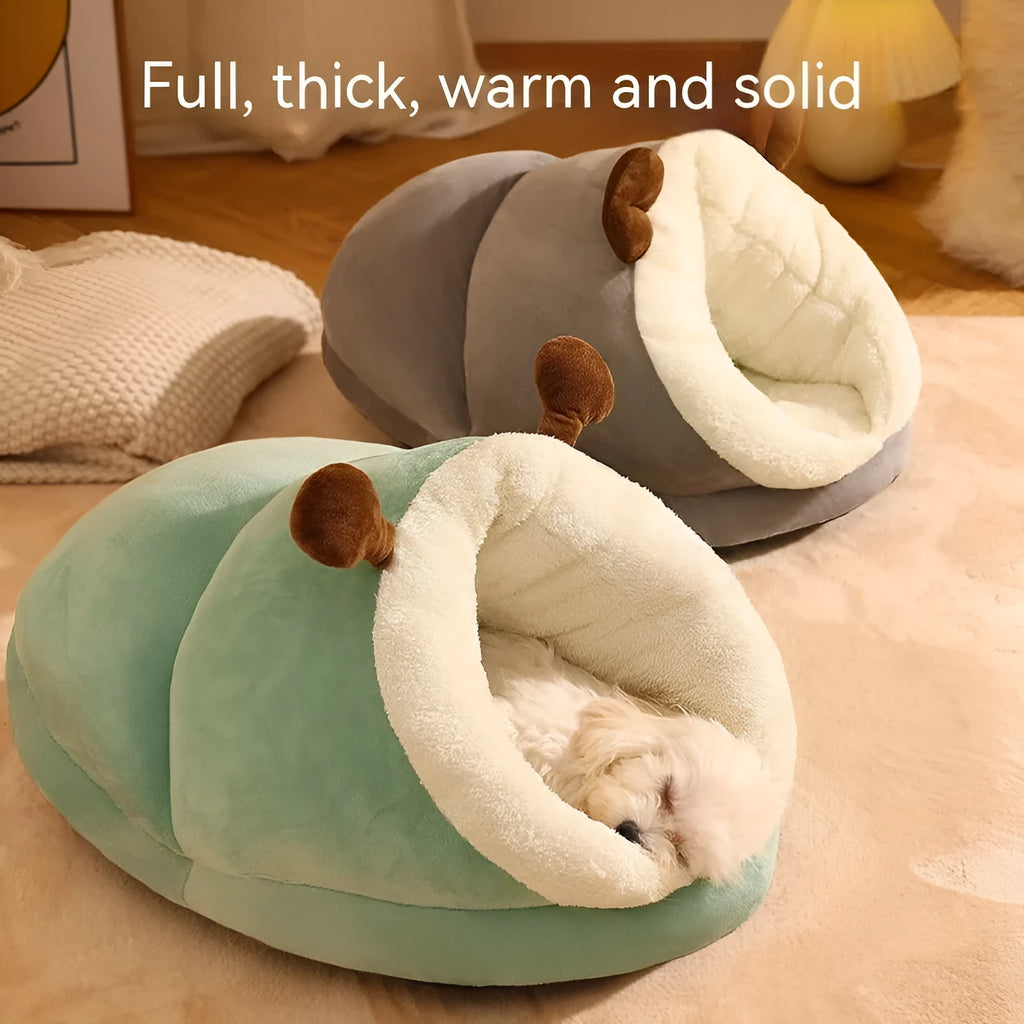 Thick warm slippers nest pet bed in avocado green with raised walls for small cats and dogs