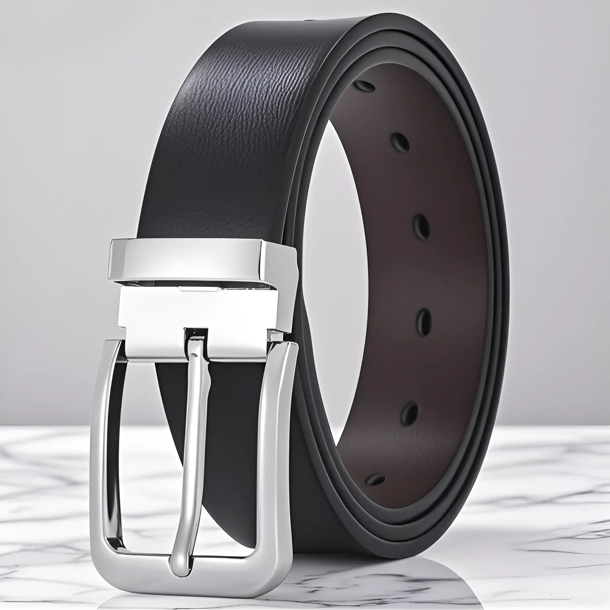 Men's genuine leather belt with alloy pin buckle, embossed water drop pattern, 3.3cm width, 120cm length