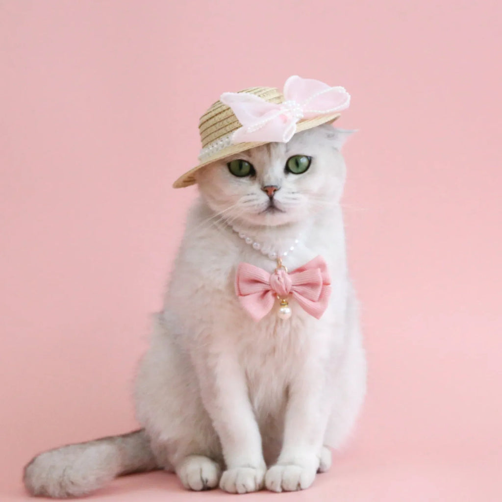 Pink pearl butterfly bow woven straw cat hat for pets with Lafite leaves material