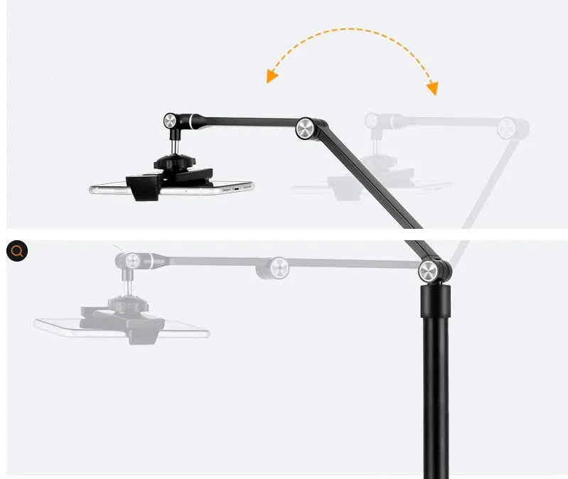 Black aluminium alloy floor stand holding a mobile phone with built-in fill light switched on