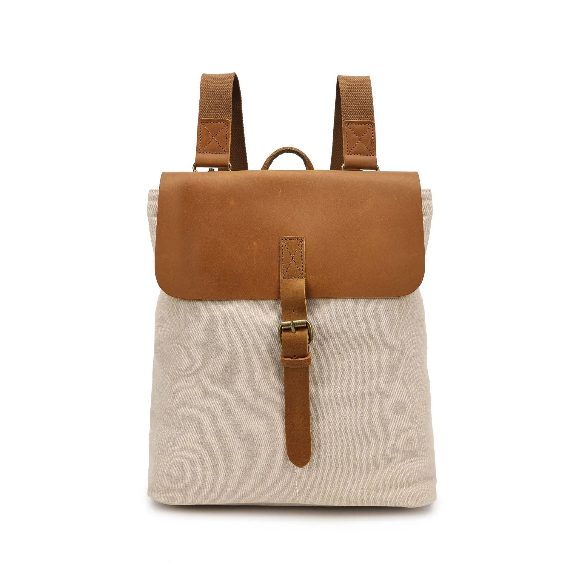 Canvas waterproof backpack with splicing design in khaki colour, 29x13x35cm