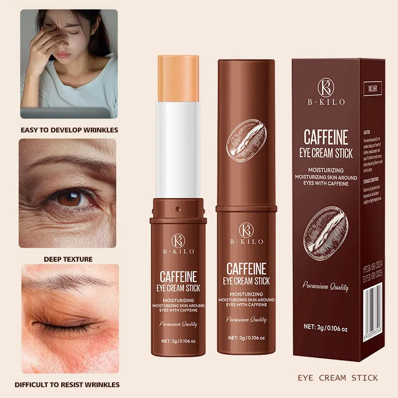 Caffeine eye cream stick in packaging, 3g net content for dark circles and fine lines