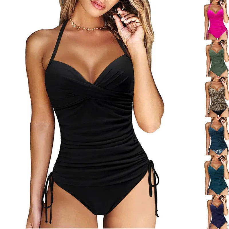 Women's high-waisted slimming bikini set in nylon, shown in leopard print colour option.