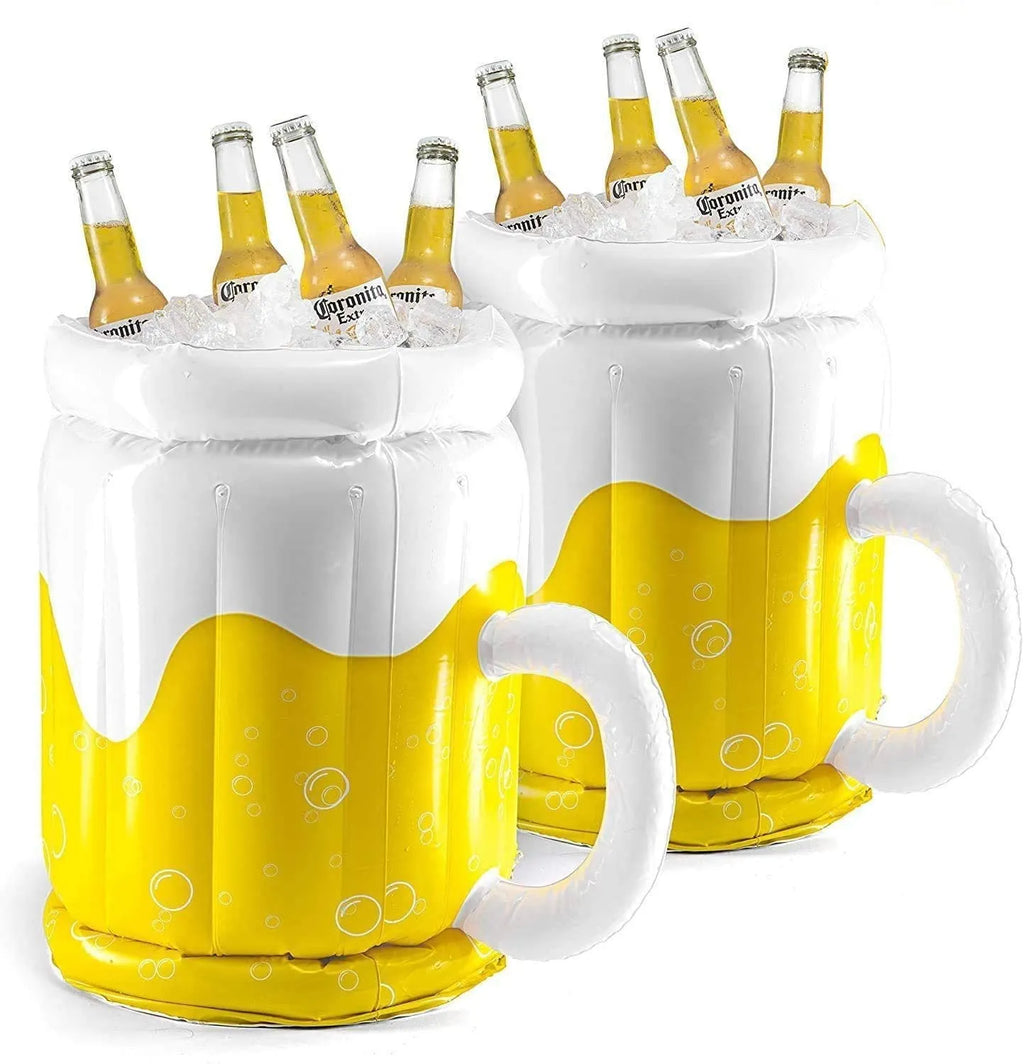 Yellow inflatable beer mug shaped cooler float with drink holders in a swimming pool