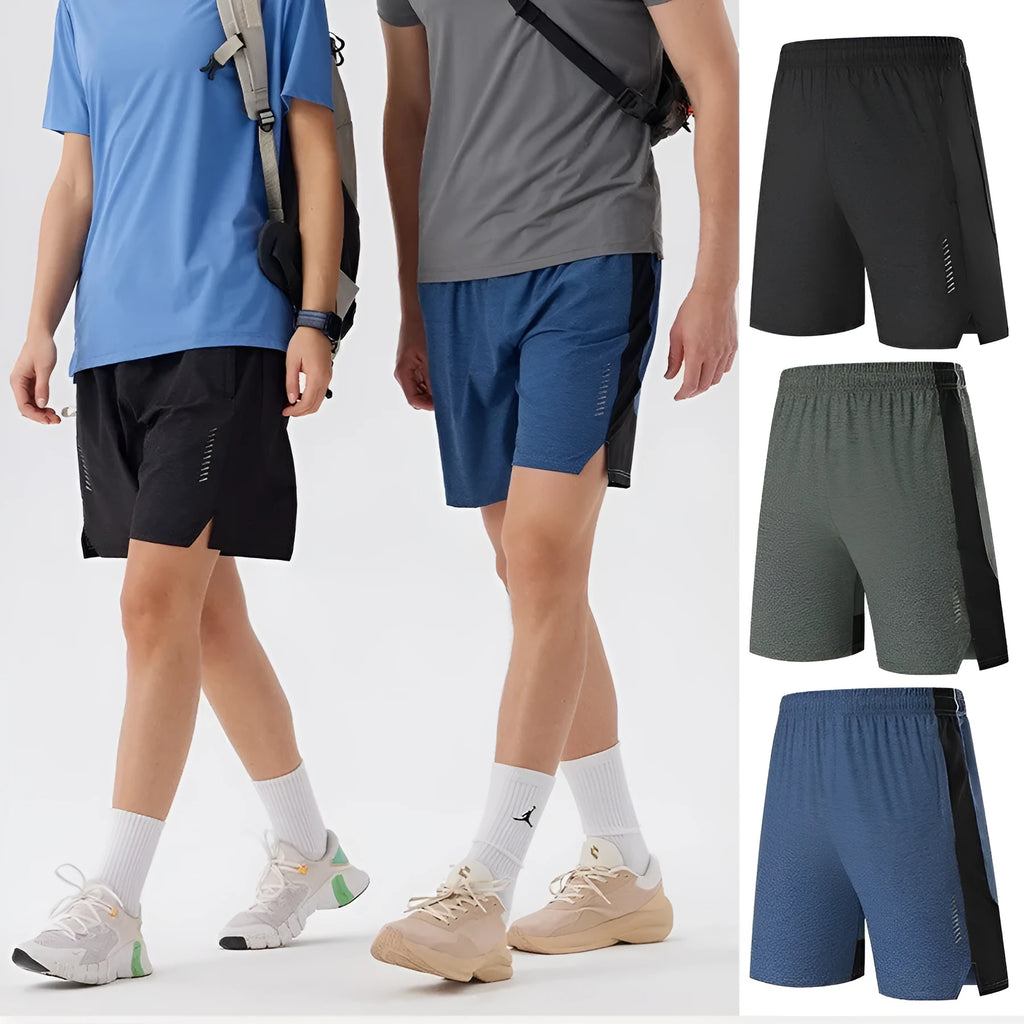 Men's forest green spandex five-point casual shorts laid flat, showing mid-waist design.