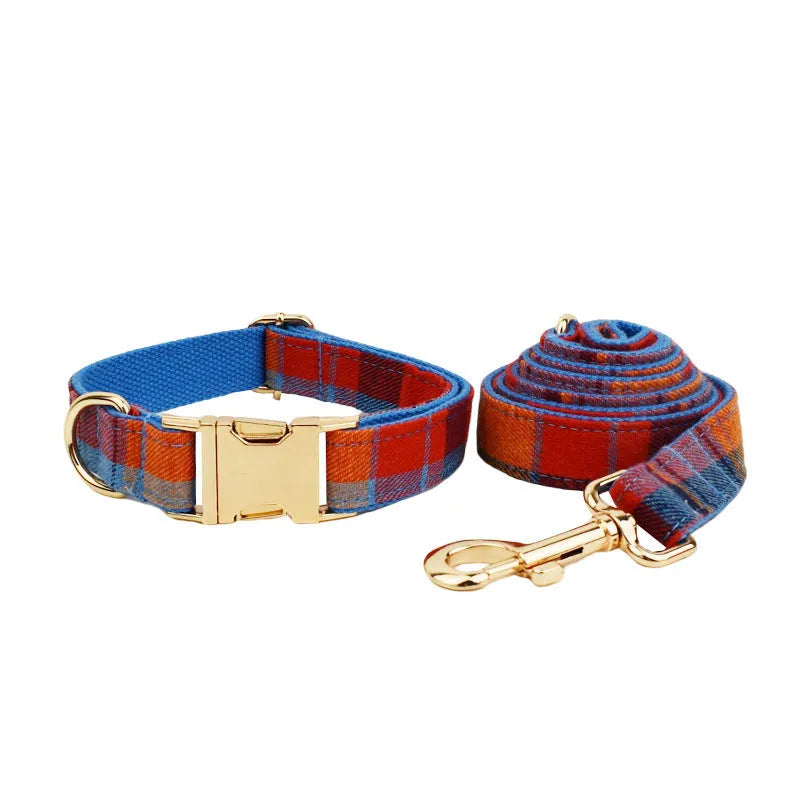 Blue velvet plaid dog collar and hand-holding rope set with bow on a blue background showing sizes XS to XL