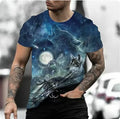 Man wearing a short-sleeved grey t-shirt with a detailed retro 3D digital print of a wild animal on the front.