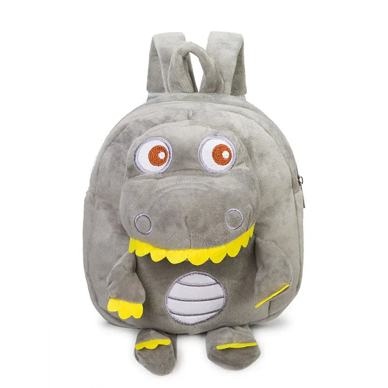 Blue dinosaur plush backpack with embroidery detailing and soft handle for children