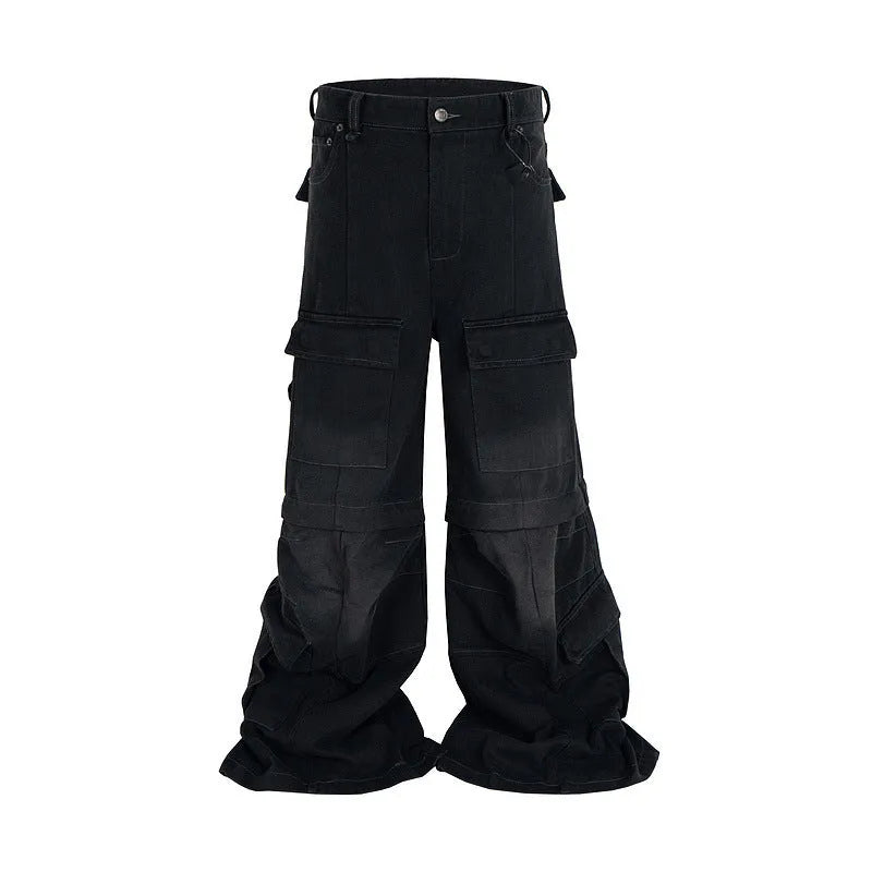 Detachable worn look cotton overalls in black, multi-pocket design with zip front, mid waist, side and front pockets visible