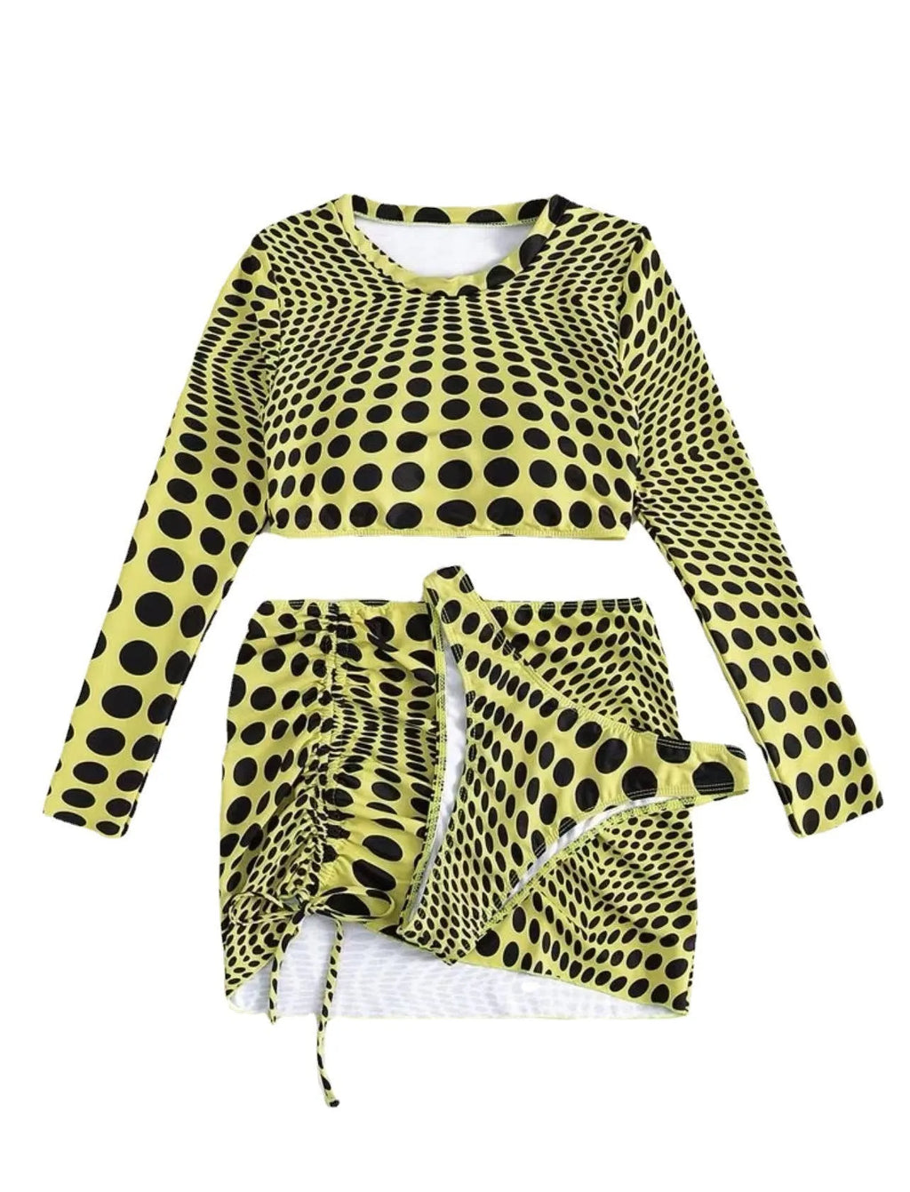 Women's polka dot swimsuit three-piece set in green, including top, skirt, and bra, made of polyester.