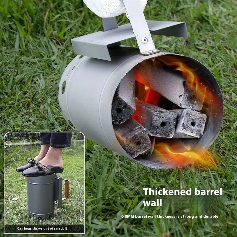 Zinc-iron alloy charcoal fire igniter starter with carbon bucket design for outdoor barbecues.