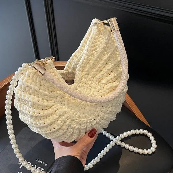 Handmade woven bag women's finished product shell shape cloth double shoulder straps milky white