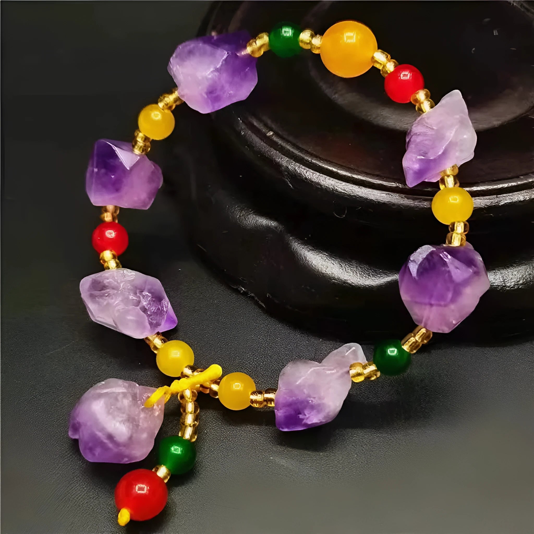 Natural shaped amethyst bead bracelet for women with a fu character charm.