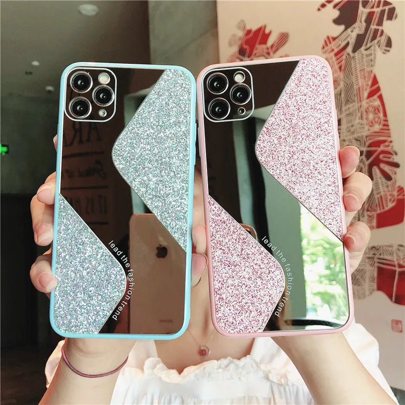Glitter mirror TPU phone case compatible with Apple iPhone, black colour, with reflective sparkle surface