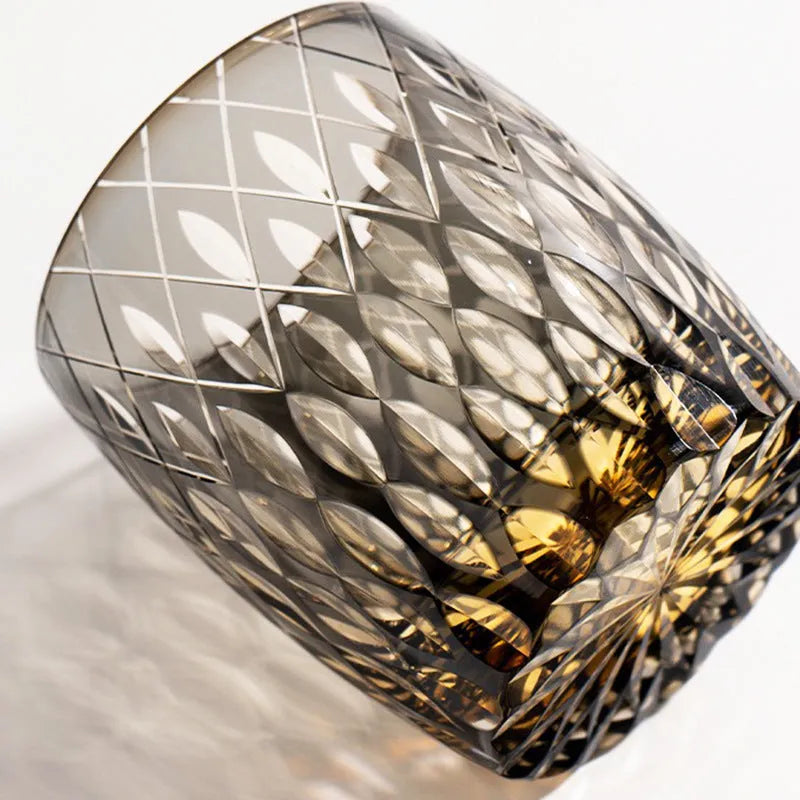 Edo Crystal Glass Whisky Tumbler with amber flash cut design in wooden box