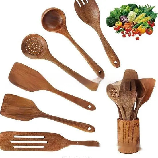 Seven-piece wooden kitchen utensil set with spoons and spatulas