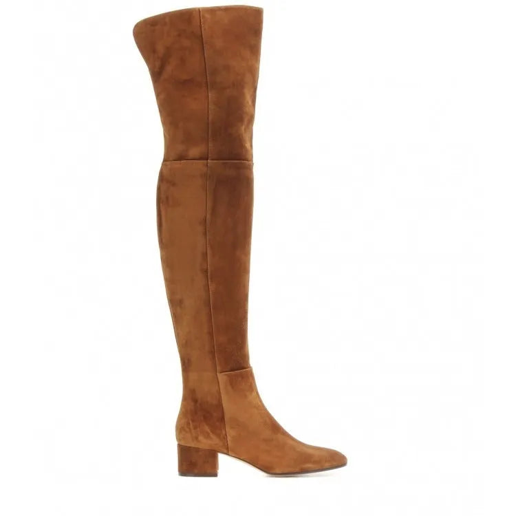 Grey suede women's over the knee flat boots with a pointed toe and low thick heel