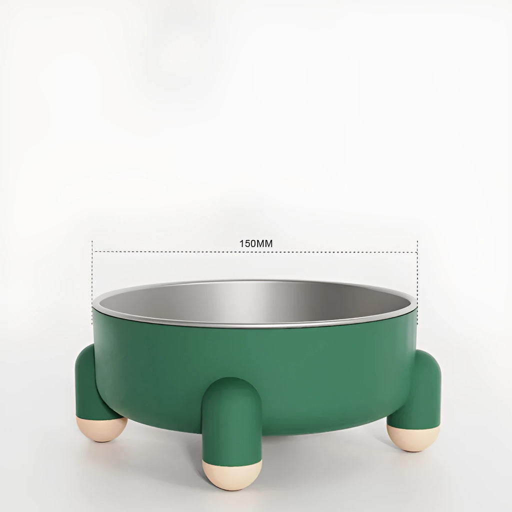 Green non-slip stainless steel raised pet bowl with anti-overturn base for dogs and cats.