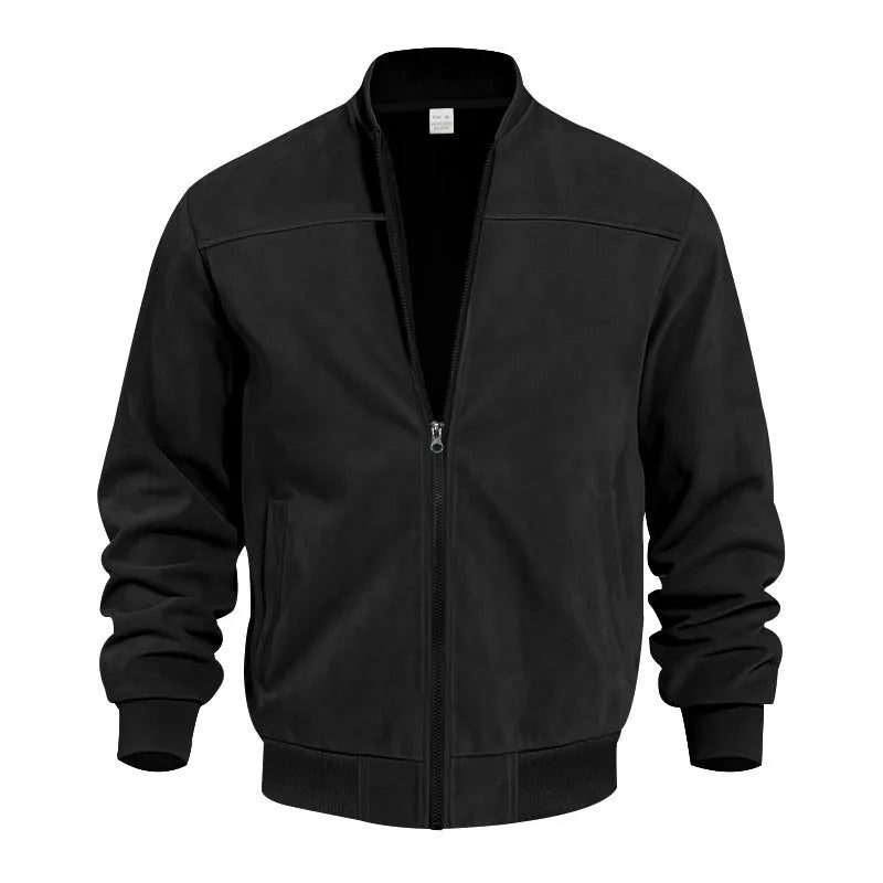 Men's black suede casual zip-up jacket with a regular fit on a model.