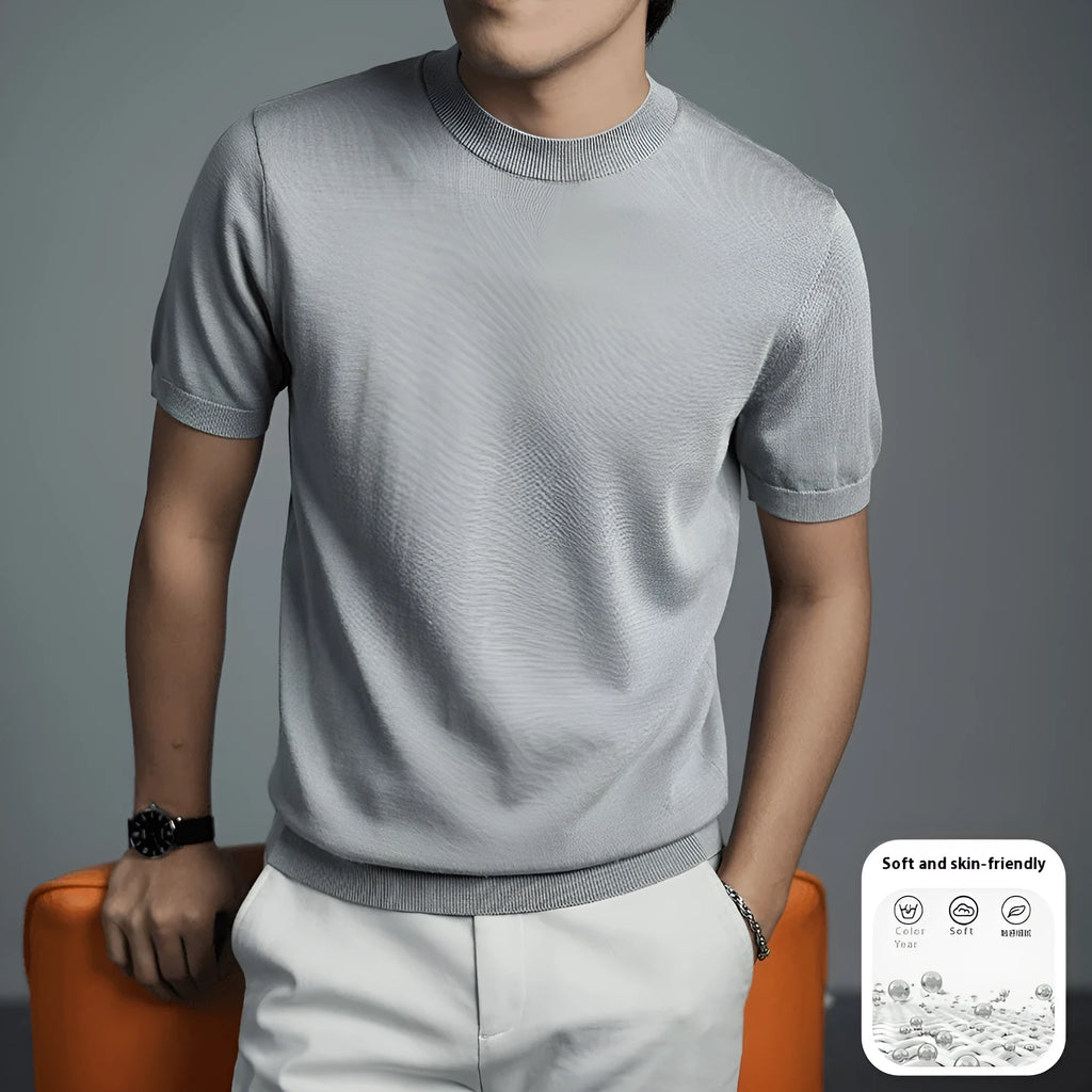 Men's knitted T-shirt in chemical fibre blend fabric with round neck and short sleeves in business gentleman style