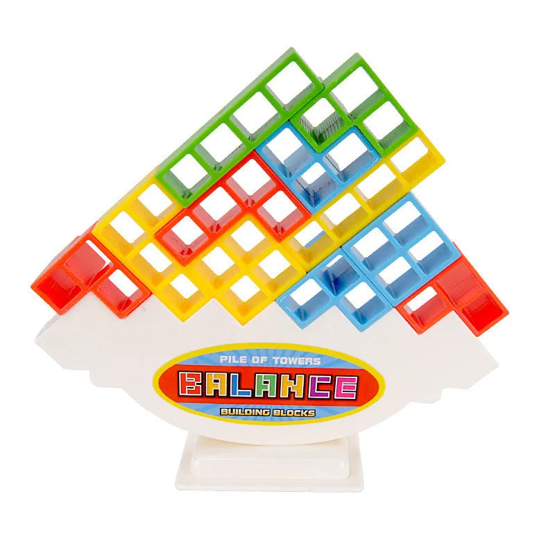 Plastic balance stacking game with 16 coloured blocks, chassis and base for family travel parties