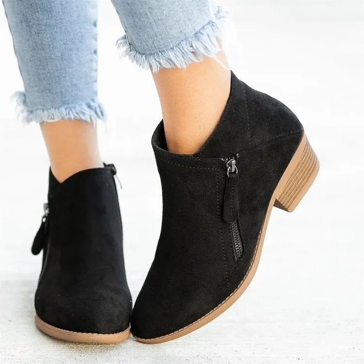 Women's low heel side zipper ankle boots in suede leather – pointed toe, thick heel, available in blue