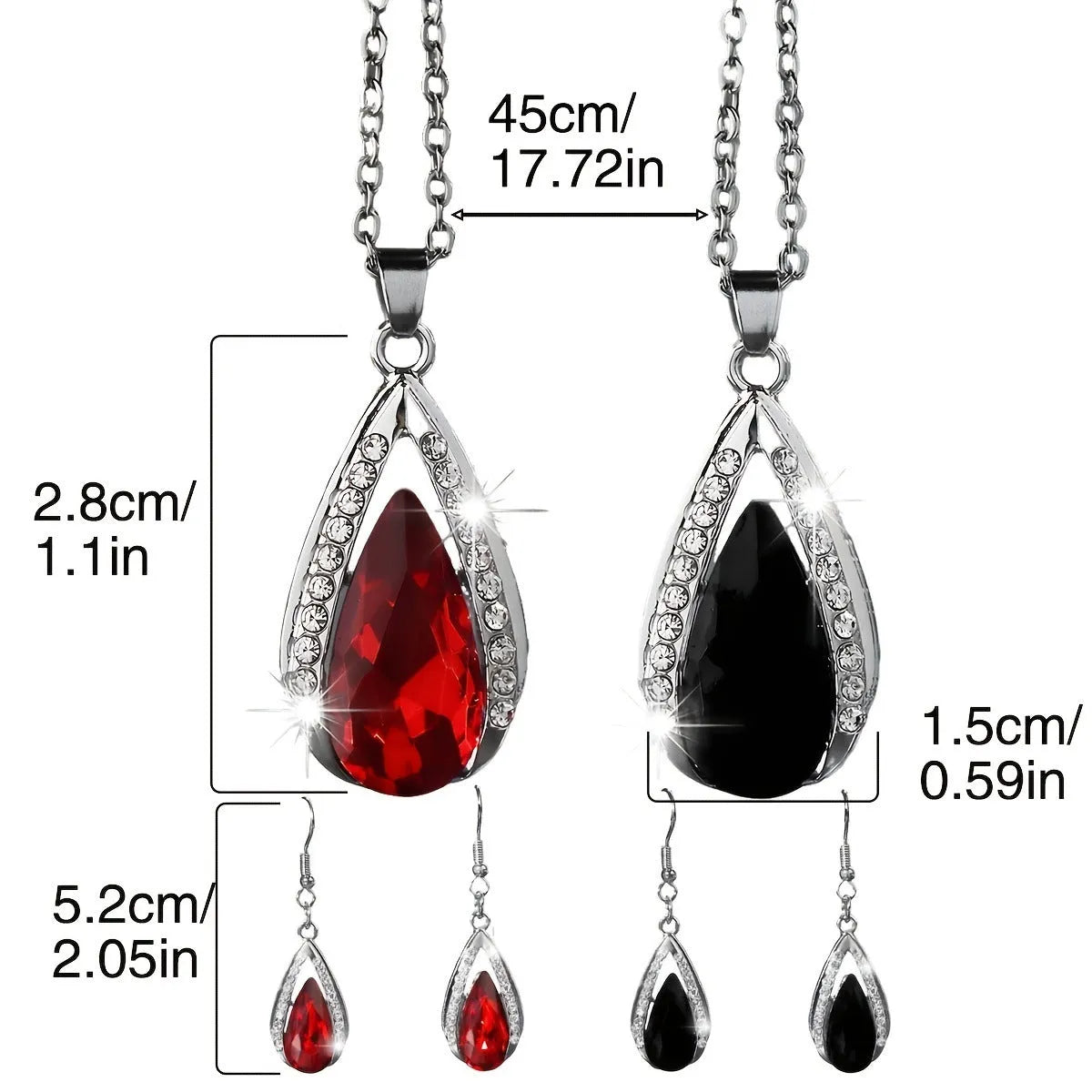 Teardrop pendant necklace and matching earrings set in black or red alloy with water droplet design elements