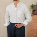 Loose fit striped seersucker long sleeve shirt with baseball collar in blue and white for men