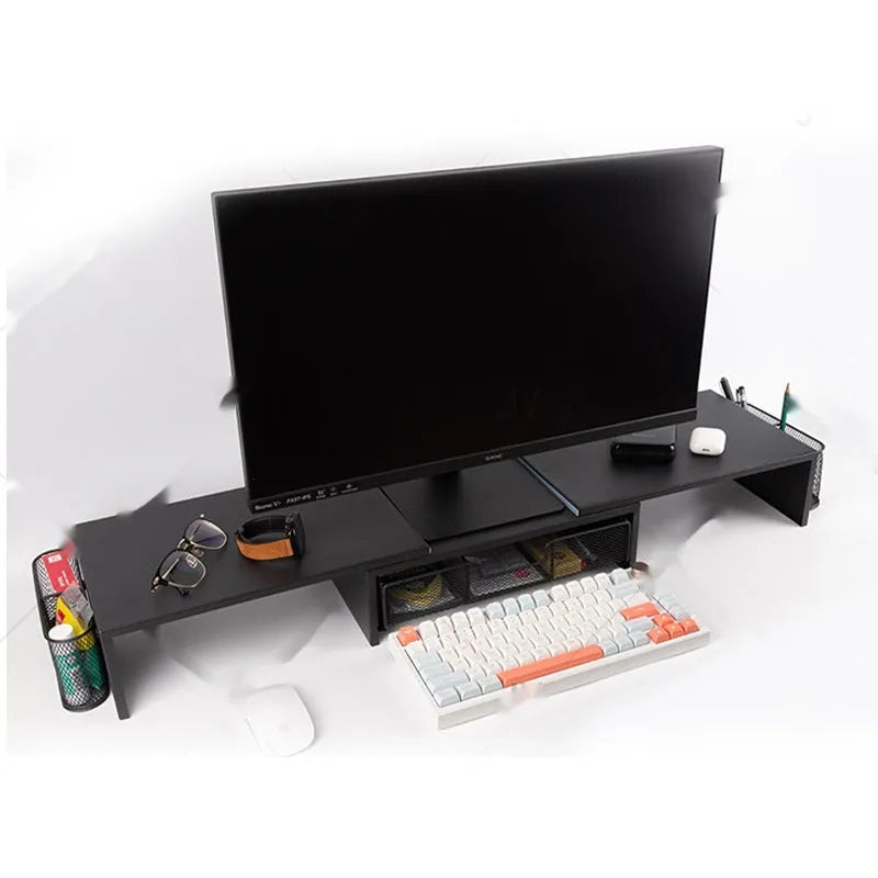 Double-station carbon steel monitor elevated rack in black with retractable design on desk