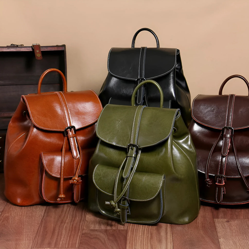 Genuine cowhide leather backpack with pull-belt pocket in black, 28x30x12cm, street style