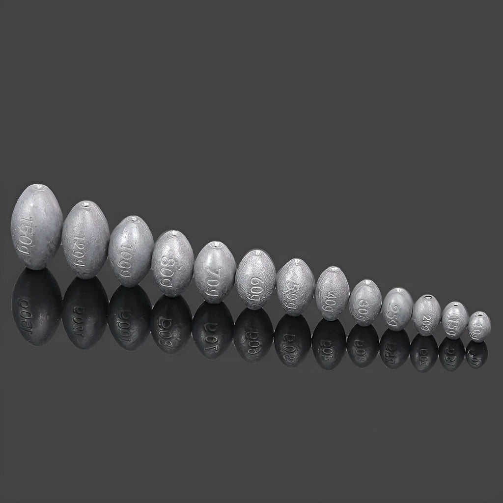 Olive-shaped sea fishing lead sinker with scale pattern texture and plastic core
