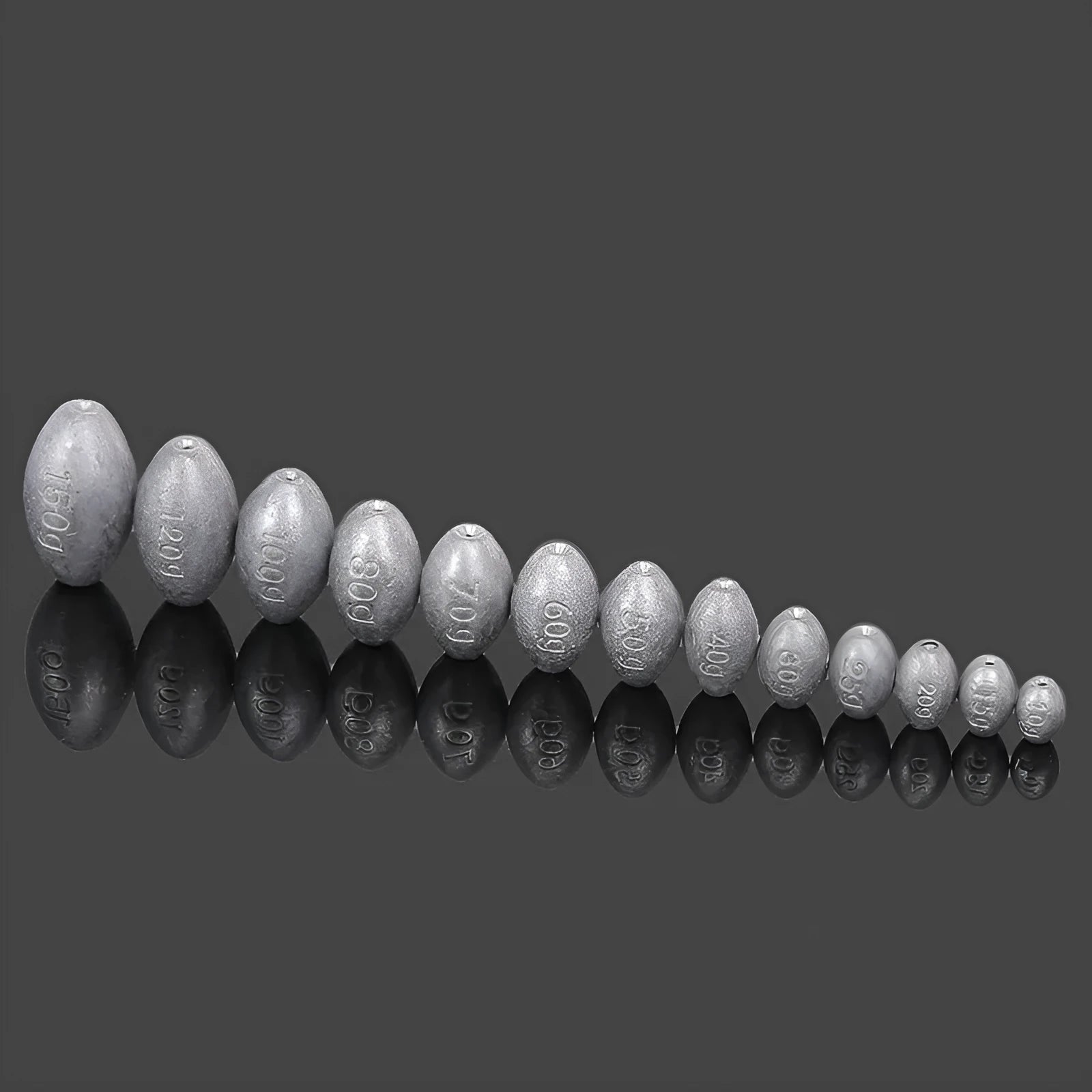 Olive-shaped sea fishing lead sinker with scale pattern texture and plastic core