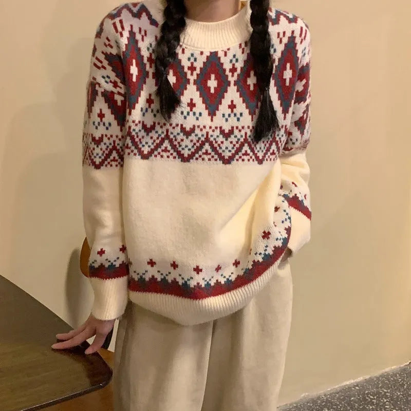 Loose striped pullover knitted top in red or white polyester fabric