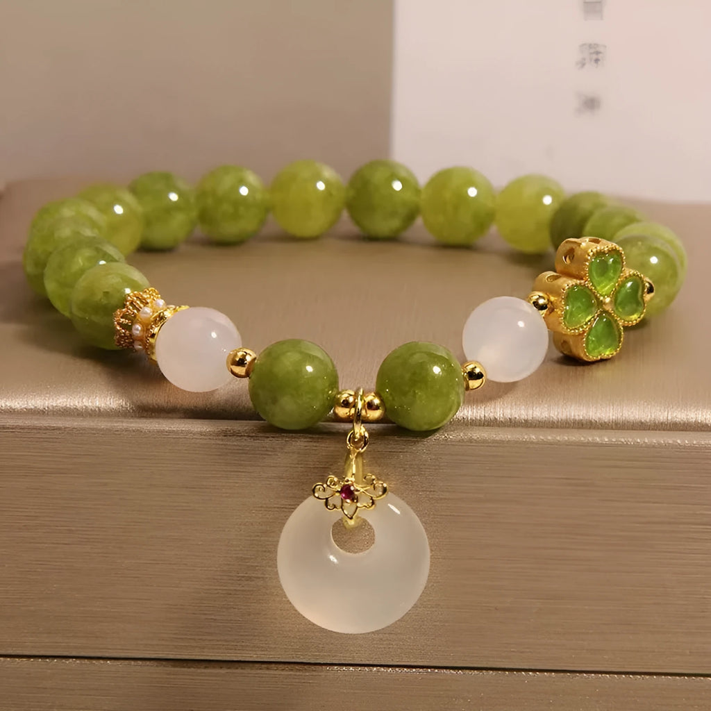Natural stone green tourmaline women's bracelet with four-leaf clover safety buckle in New Chinese style drop shape geometric design green colour