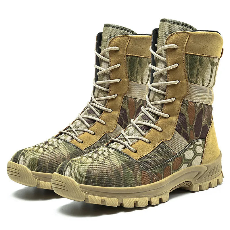 Plus size men's high-top Martin boots in black or camouflage colour with mesh upper and totem decoration