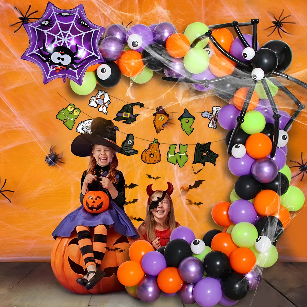 Halloween balloon combo set showing skull and pumpkin designs with a spider motif balloon arch in black and white.