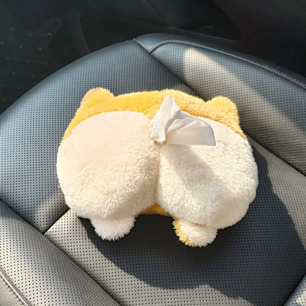 Yellow corgi butt-shaped soft tissue box cover with elastic strap for car sun visor.