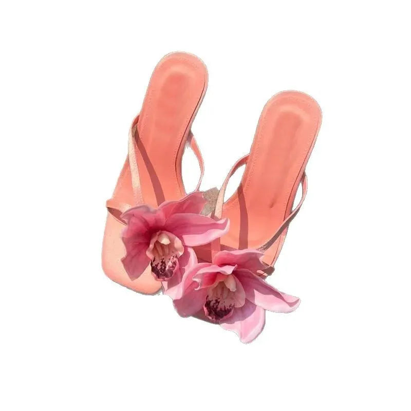 Pink satin square toe women's sandals with artificial phalaenopsis flower and mid heel