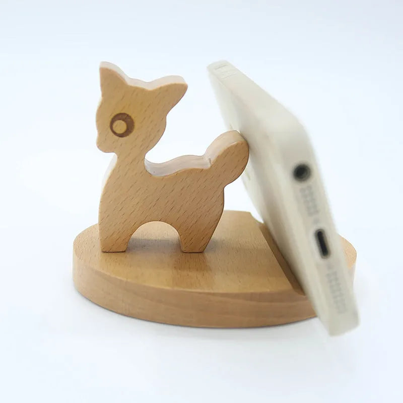 Beech wood mobile phone holder with resin animal design and coin slot