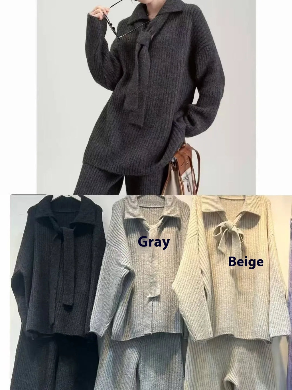 Women's beige imitation cashmere knitted sweater top and matching trousers two-piece set.
