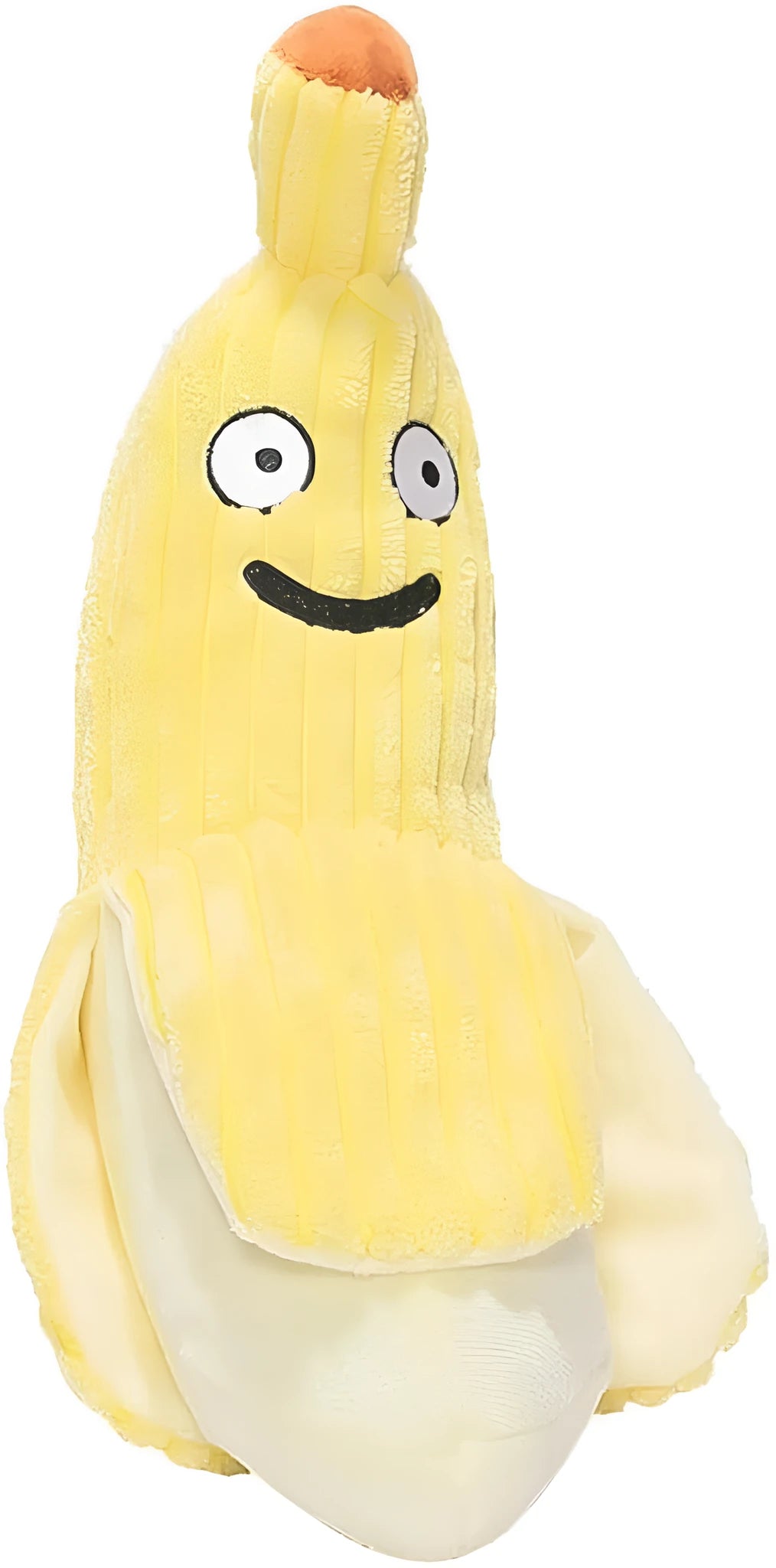 Yellow banana-shaped cat crinkle toy with plush fabric and visible texture details