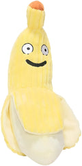 Yellow banana-shaped cat crinkle toy with plush fabric and visible texture details