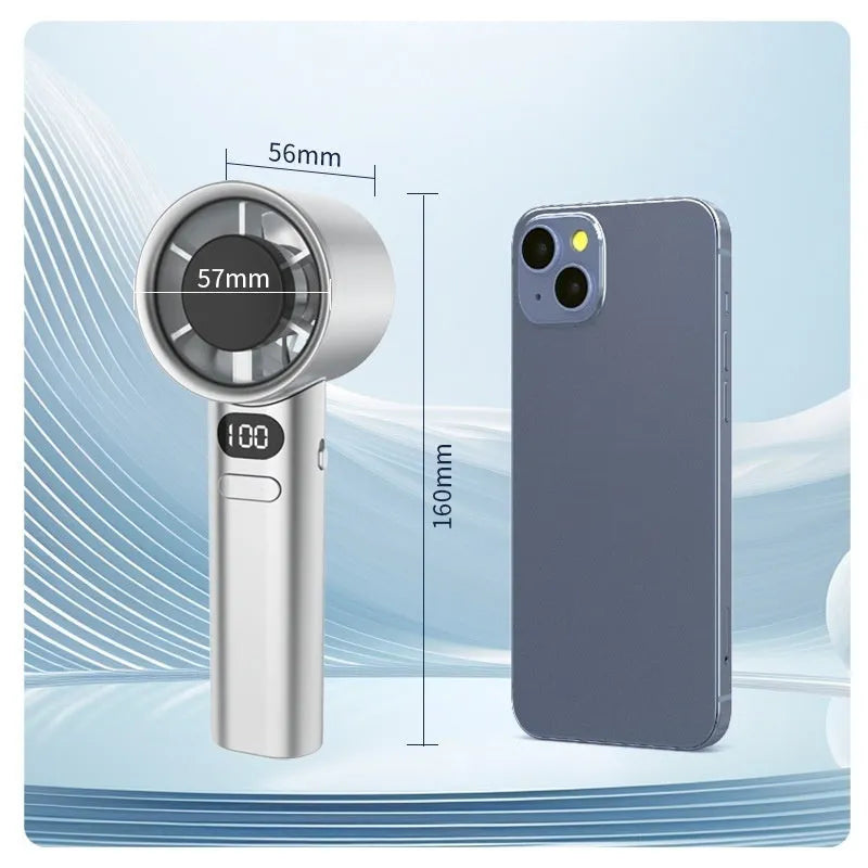 Green handheld USB fan showing variable speed control dial and six plastic blades