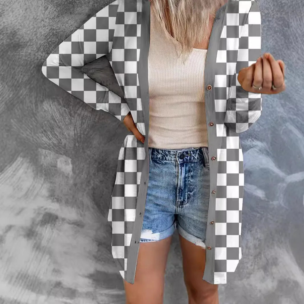 Long grey plaid pattern cardigan coat on a model, showing loose knit and regular sleeves.