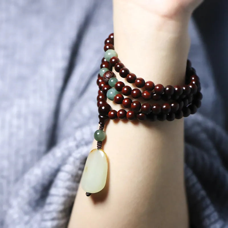 Rosewood 6mm beads bracelet with Hotian jade pendant, unisex national style, carved surface