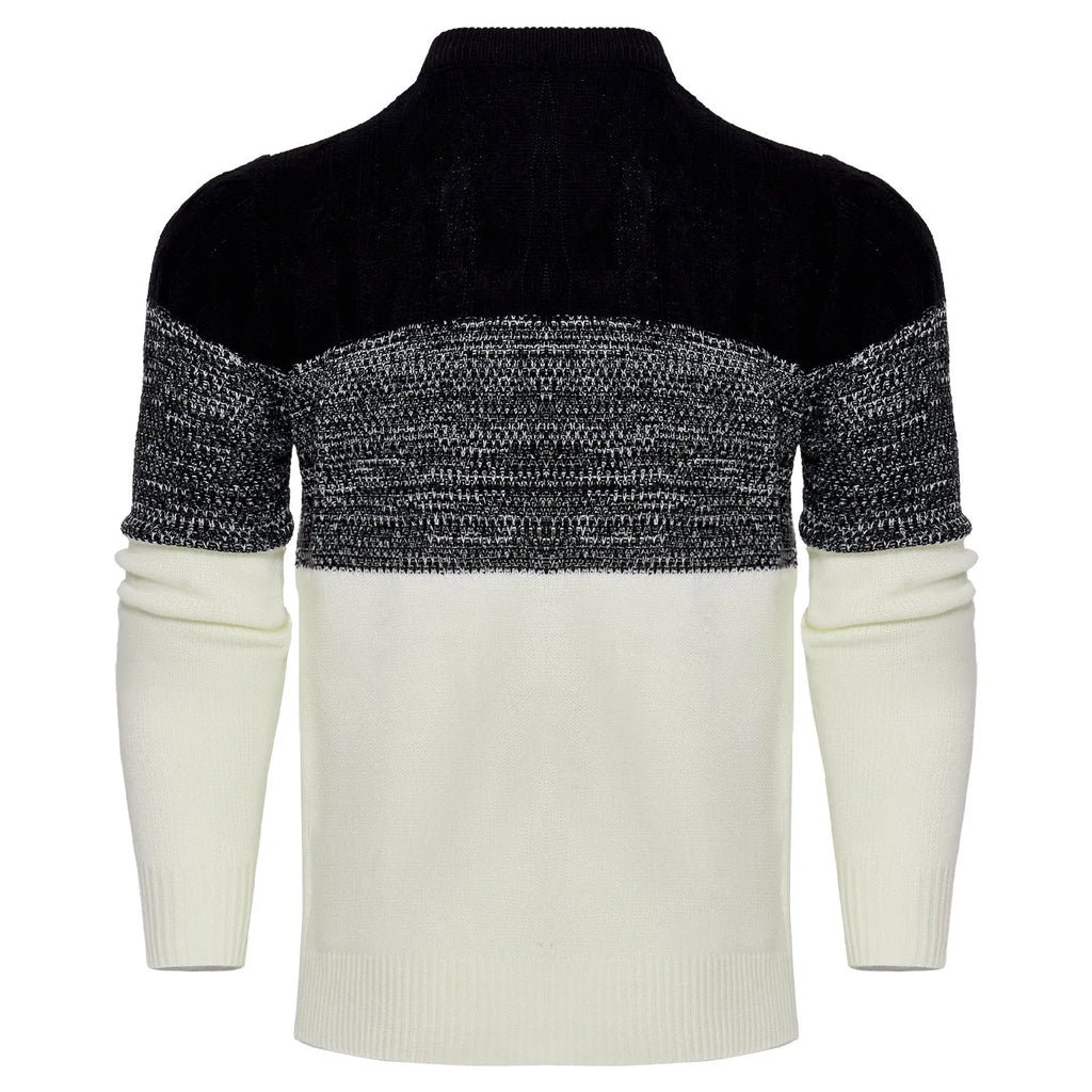 Men's casual colour block long sleeve cable knit pullover sweater in blue, with crew neck and ribbed cuffs