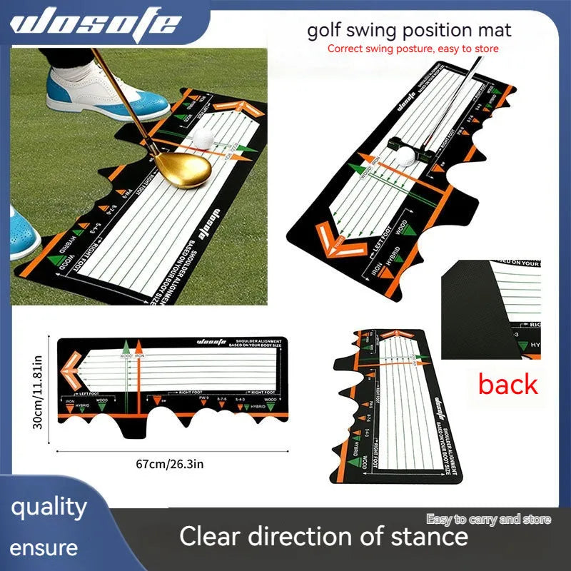 Black neoprene golf swing stance correction mat with alignment markings for practice