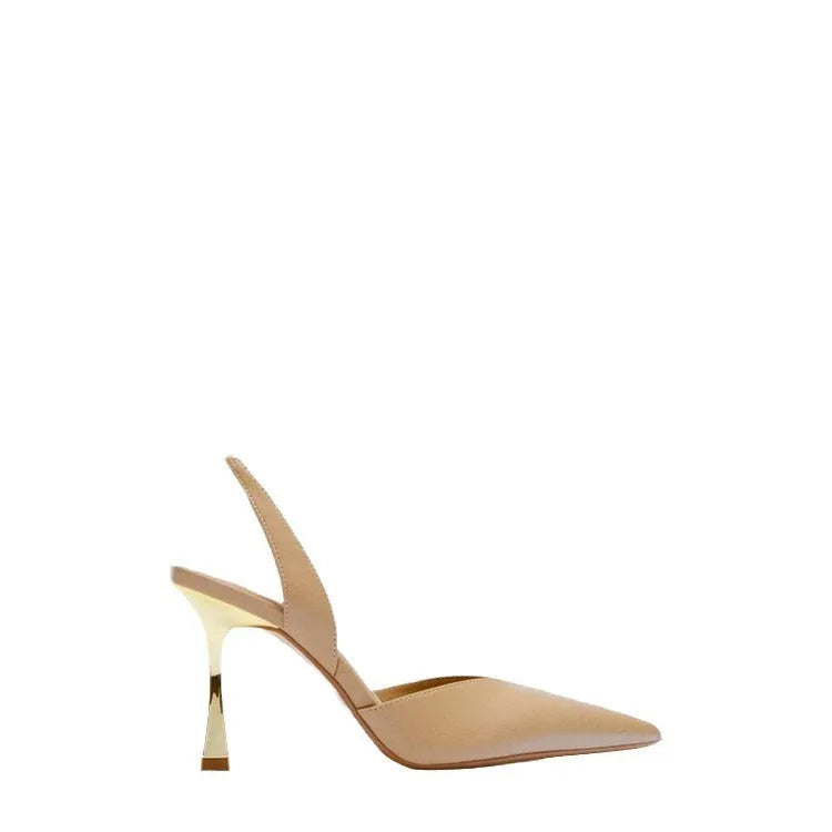 Korean-style pointed patent leather high heels for women in apricot colour with shallow mouth cut design