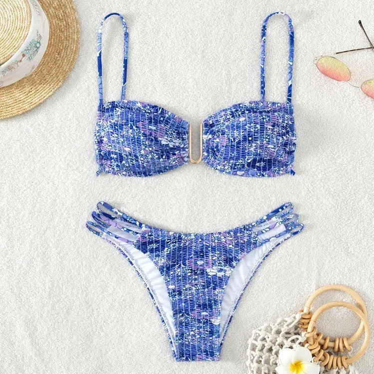 Women's high-waist floral bikini swimsuit in blue, orange, pink, or rose red.
