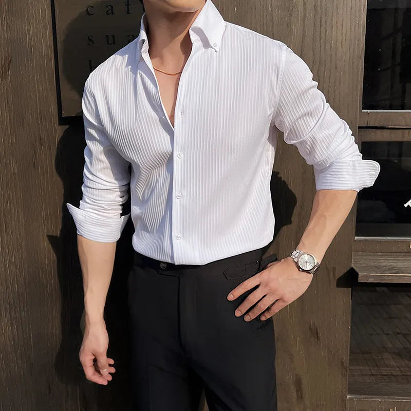 Men's dark striped V-neck long sleeve casual shirt shown in a choice of colours.